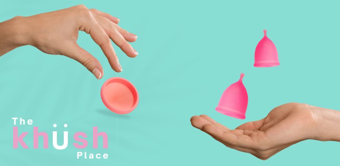 disc or cup with photos of hands pick up and holding menstrual products
