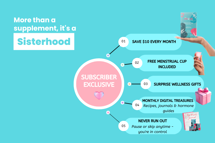 Promotional graphic for a subscription service with benefits listed on a blue background